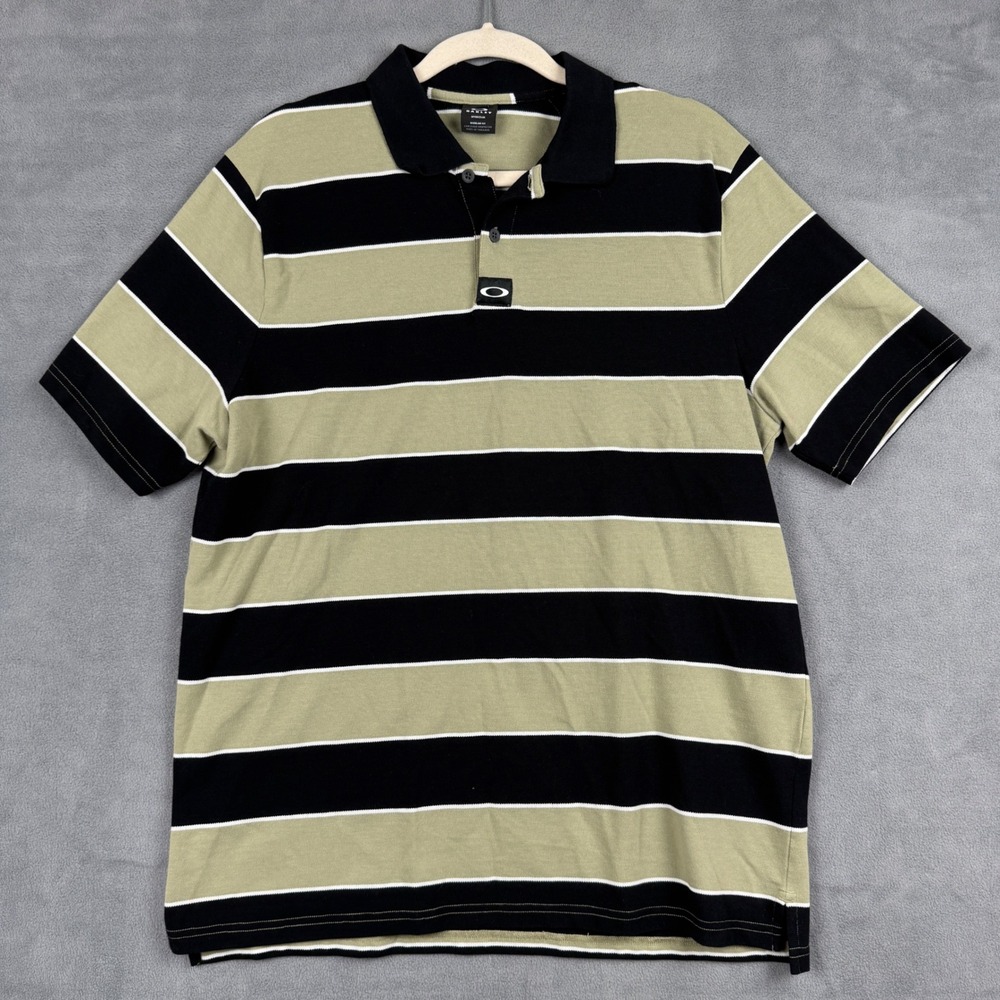 Oakley Hydrolix Mens Large Striped Polo Shirt Olive Green Black Regular Fit L